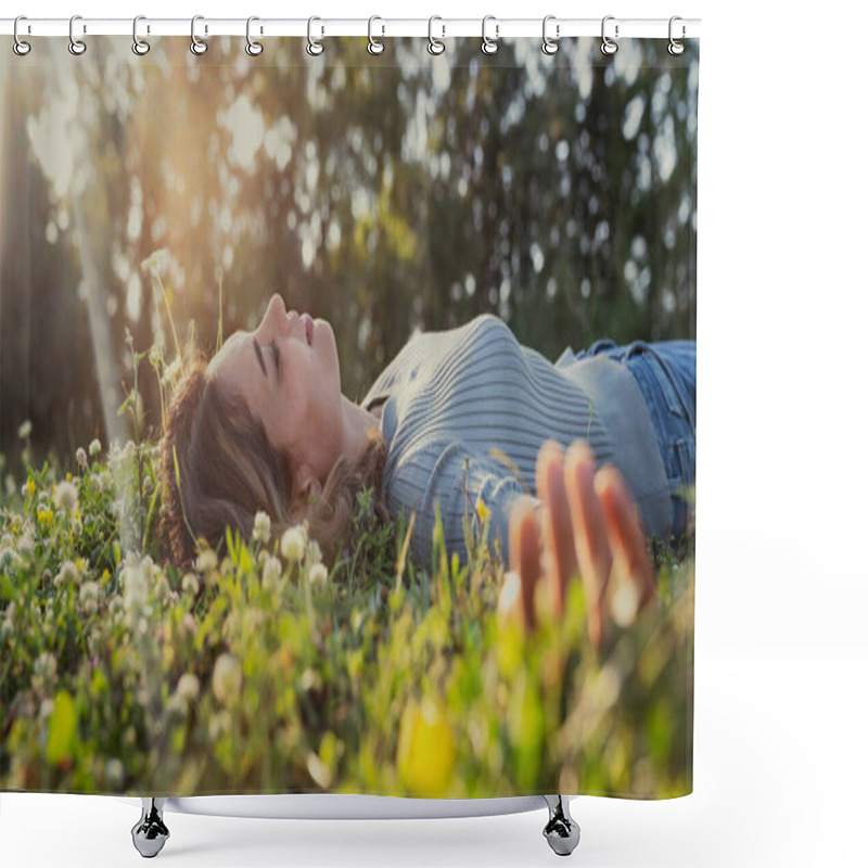 Personality  Relaxed Woman Resting On The Grass Shower Curtains