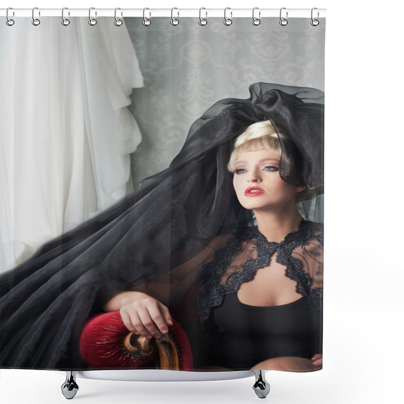 Personality  Blond Fashion Woman Sitting With Black Head Dress Shower Curtains