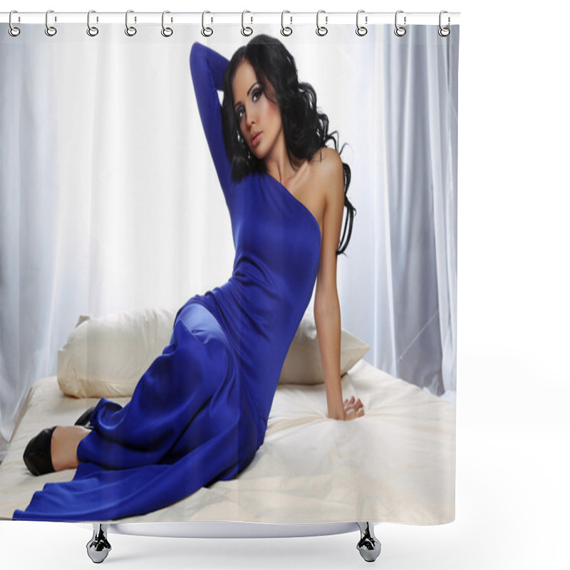 Personality  Glamour Woman With Dark Hair Wearing Elegant Blue Dress Shower Curtains