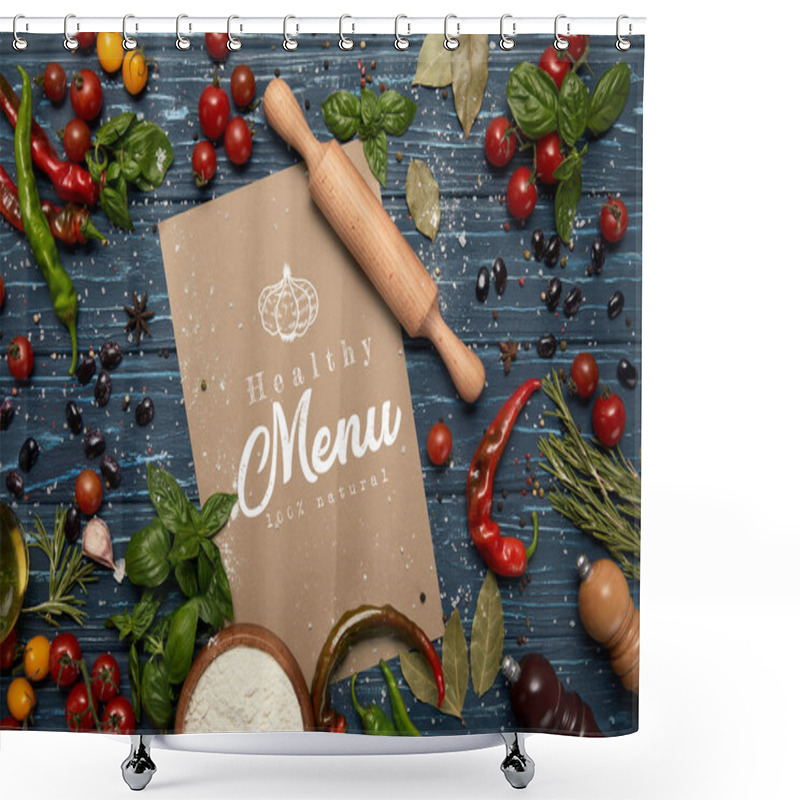 Personality  Top View Of Fresh Raw Vegetables, Spices, Rolling Pin And Card With 