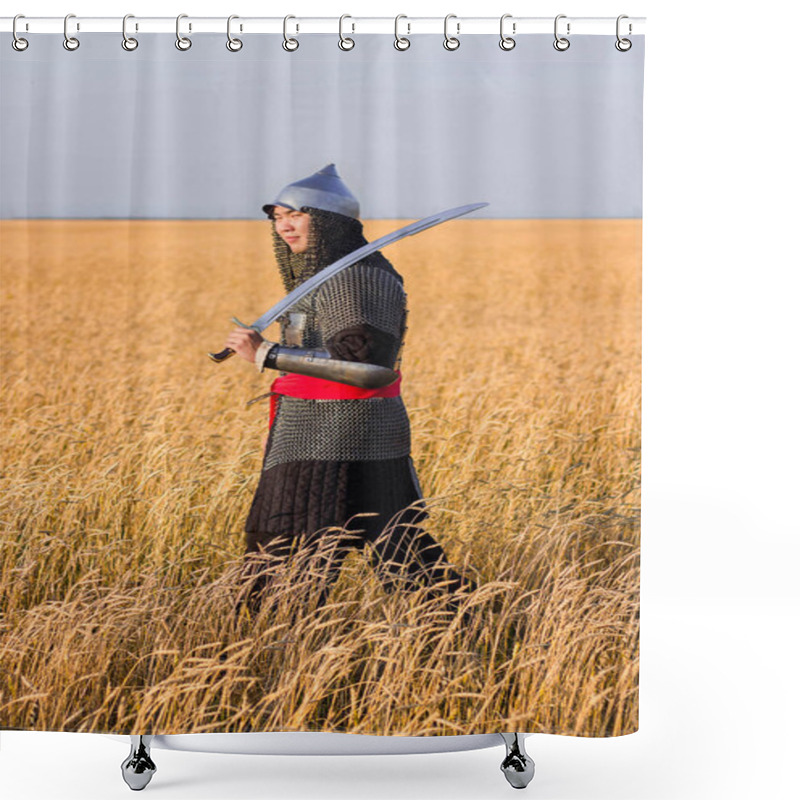 Personality  A Nomad Warrior In Oriental Armor With A Saber And A Helmet From The 16th And 18th Centuries Stands Knee-deep In A Wheat Field. Shower Curtains