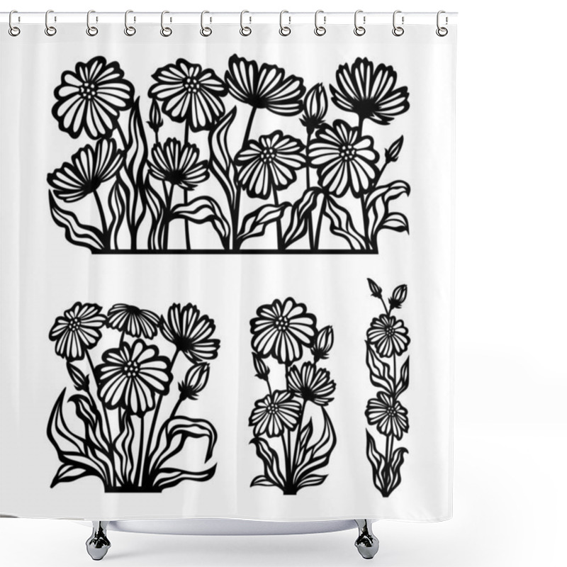 Personality  Set Of Silhouettes Of Flowers Drawn With Black Lines. Chamomile Bouquets, Buds, Petals, Leaves, Stems Isolated On White Background. Hand Drawn Sketch. Vector Illustration For Coloring Book Or Tattoo. Shower Curtains