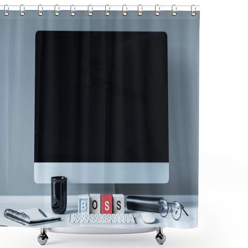 Personality  Computer And Wooden Cubes With Word Boss On White Tabletop Shower Curtains