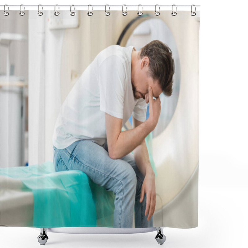 Personality  Stressed Man Sitting Near Ct Scanner With Bowed Head And Covering Face With Hand Shower Curtains