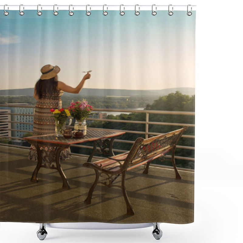 Personality  Woman On Balcony In Sunset Shower Curtains