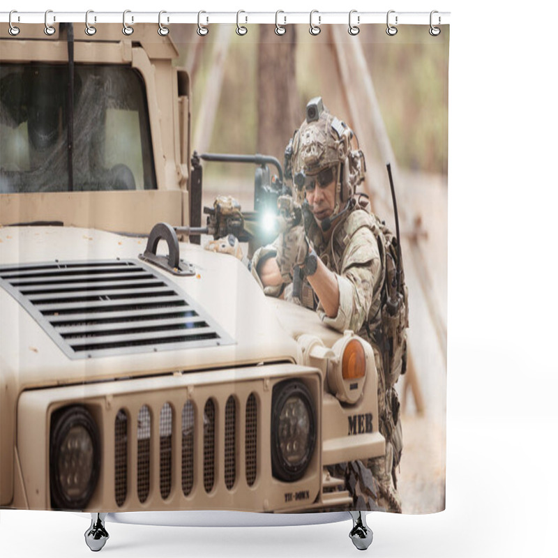 Personality  Soldiers In Camouflage Uniforms Hold Weapons Ready To Fire, By Hiding On The Side Military Communication Vehicle Shower Curtains