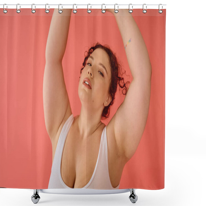 Personality  A Stunning Plus Size Woman Radiates Confidence With Her Arms Raised, Exuding Beauty And Joy. Shower Curtains