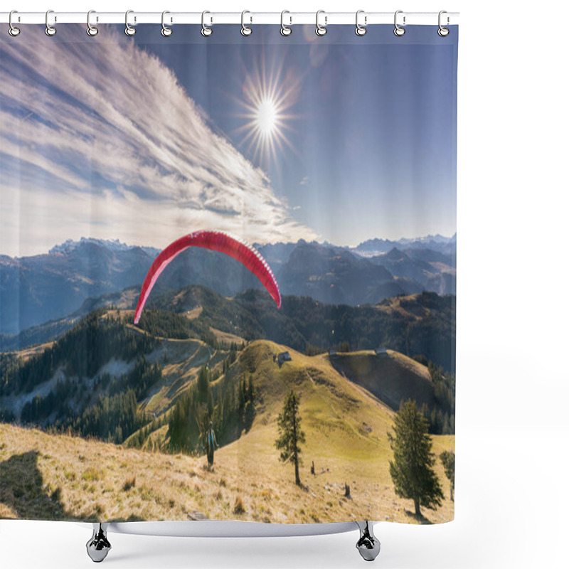 Personality  Man With Paraglider Preparing For Take Off From A High Mountain Peak Shower Curtains