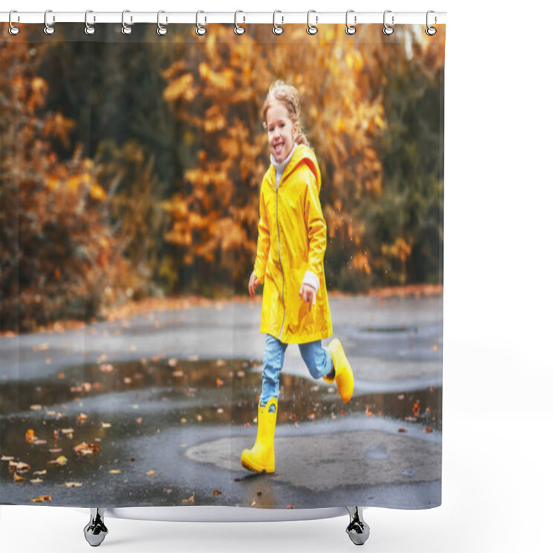 Personality  Happy Child Girl With An Umbrella And Rubber Boots In Puddle  On Shower Curtains