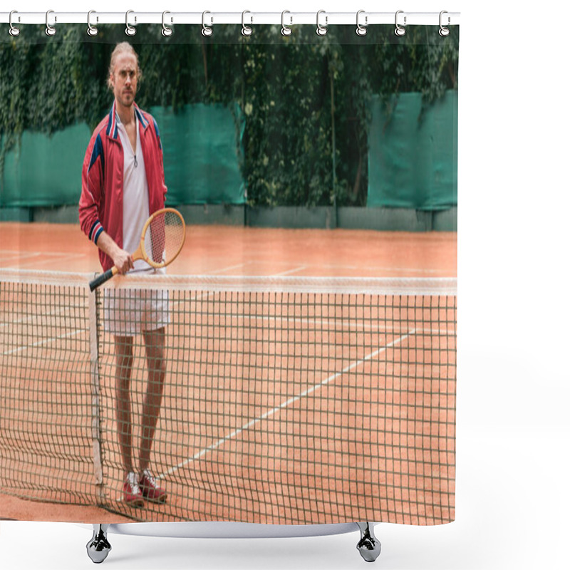 Personality  Retro Styled Tennis Player With Racket Standing At Tennis Net On Court Shower Curtains