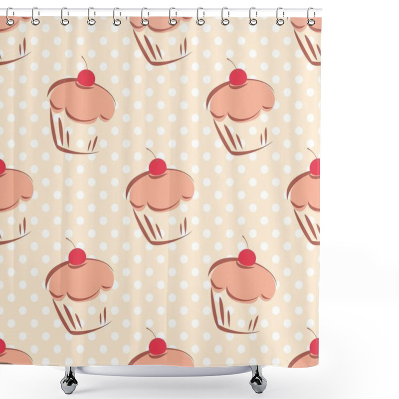 Personality  Seamless Vector Pattern Or Tile Texture With Cherry Cupcakes And White Polka Dots On Pink Background. Hand Drawn Muffins Wallpaper Shower Curtains