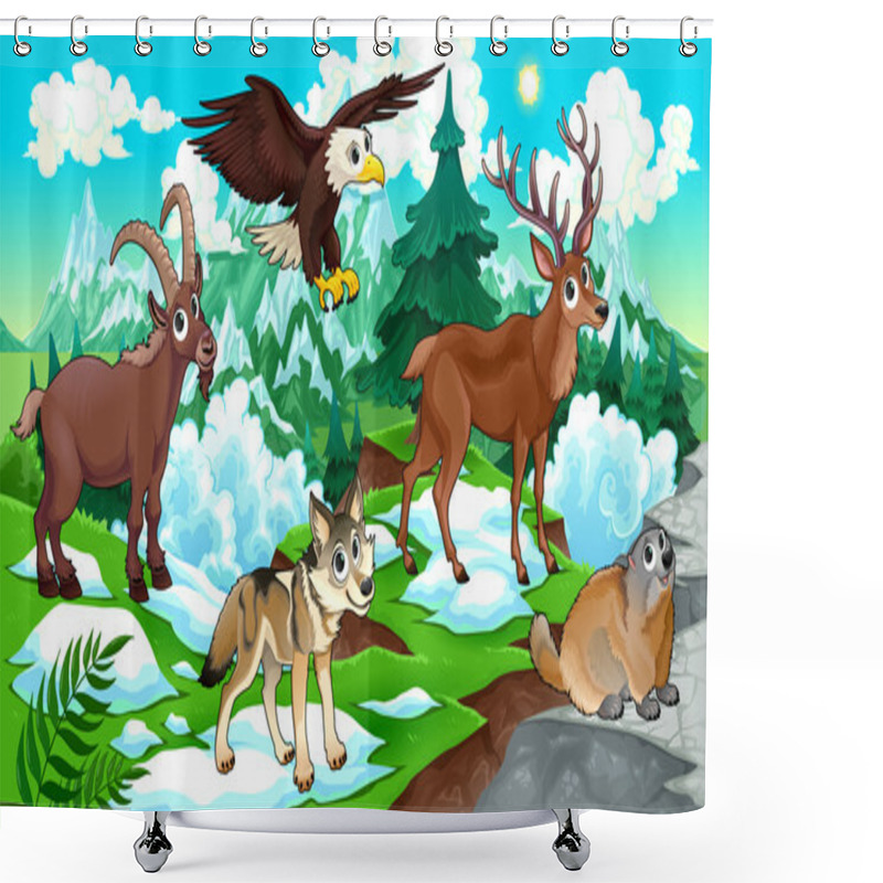 Personality  Cartoon Animals, Deer, Eagle, Groundhog, Steinbock, Wolf With La Shower Curtains