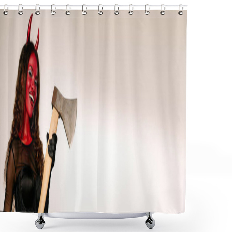 Personality  A Confident Woman In A Devil Costume Holds An Axe, Embodying Halloween Spirit. Shower Curtains