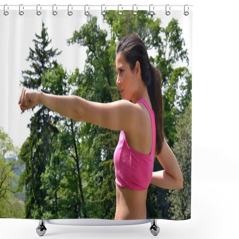 Personality  Fitness Woman Training. Shower Curtains