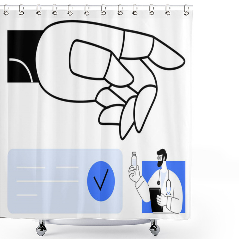 Personality  Robotic Hand Grasping Small Object, Doctor Holding Medicine Bottle While Reviewing Clipboard. Blue Checklist With A Checkmark. Ideal For Healthcare, Technology, Robotics, Medicine, AI, Innovation Shower Curtains