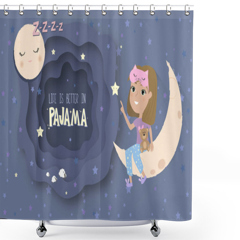 Personality  Pajama Party Poster With Fun Girls And Paper Cut Sky. Invitation For Slumber Party. Editable Vector Illustration Shower Curtains