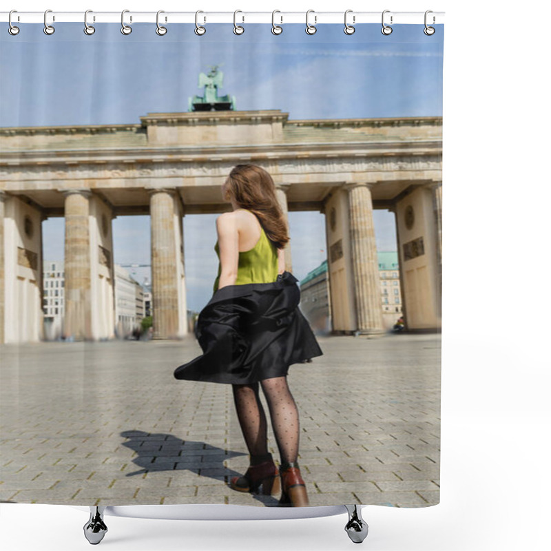 Personality  Back View Of Young Woman In Boots And Black Jacket Walking Near Brandenburg Gate   Shower Curtains