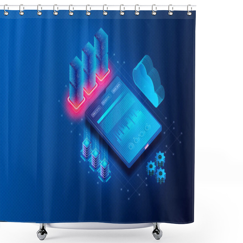 Personality  Cloud Database Software Concept - Device Running Software To Manage Cloud Databases - 3D Illustration Shower Curtains