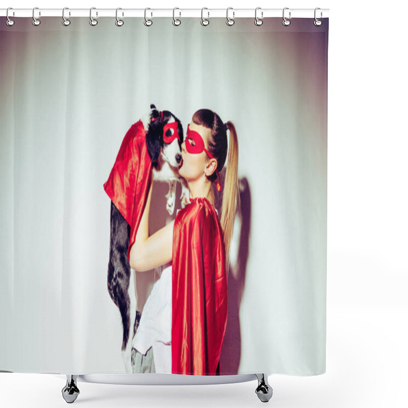 Personality  Side View Of Woman Kissing Puppy In Superhero Costume Shower Curtains