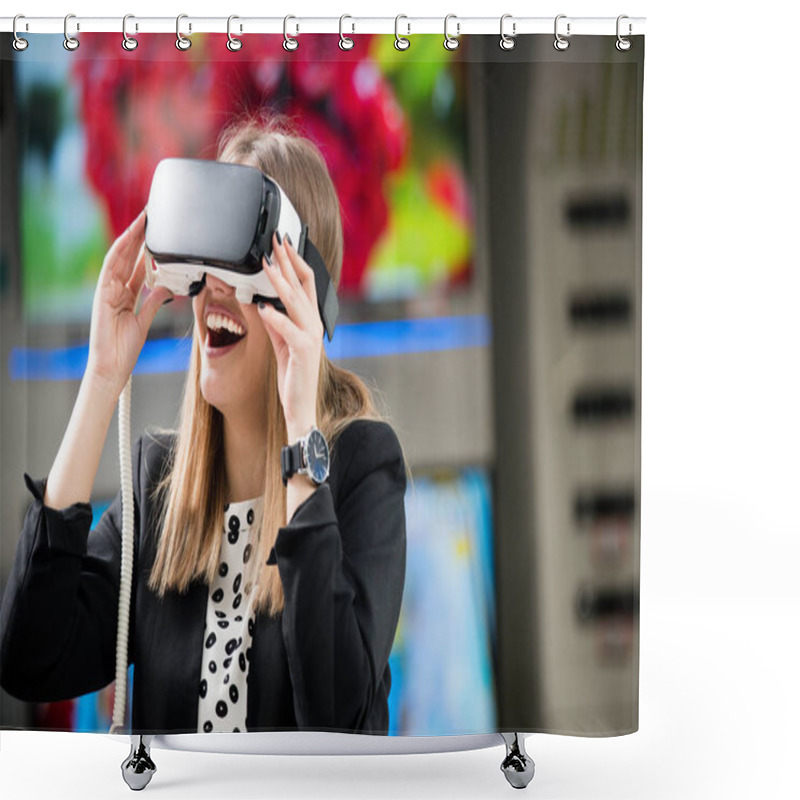 Personality  Young Woman Wearing Virtual Reality Device Shower Curtains