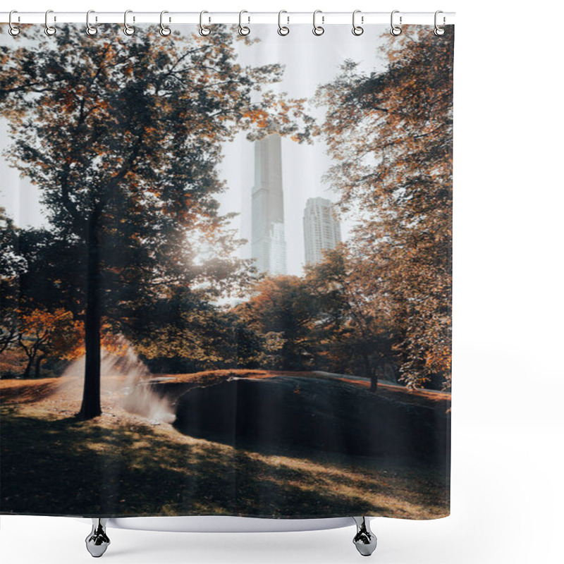 Personality  Central Park With Green Trees And Skyscrapers On Blurred Background In New York City Shower Curtains