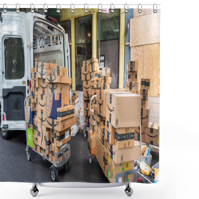 Personality  Manhattan, New York, USA - June 7, 2020:  Amazon Delivery Truck Unloading Packages For Home Delivery In New York City Performing Essential Service During The Coronavirus Pandemic Lockdown. Shower Curtains