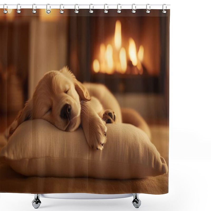 Personality  Dog Sleeping With A Pillow On The Background Of A Fireplace. Pet At Home. Nova Scotia Duck Tolling Retriever, Retriever. Pet. Shower Curtains