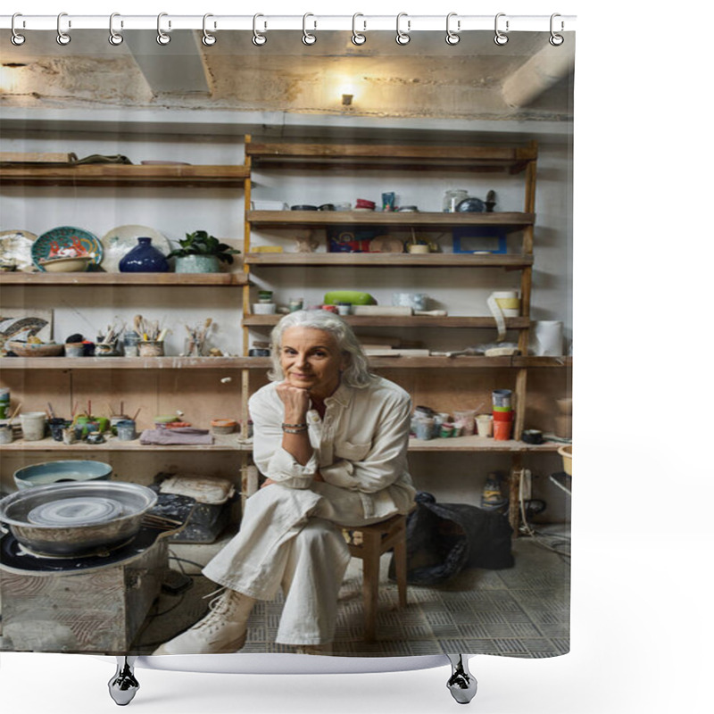 Personality  A Graceful Woman Creates Pottery Art In Her Serene, Inspiring Studio. Shower Curtains