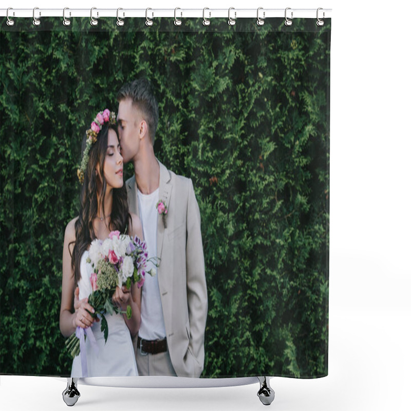 Personality  Groom Kissing And Embracing Attractive Bride In Wedding Dress With Wreath And Bouquet Shower Curtains