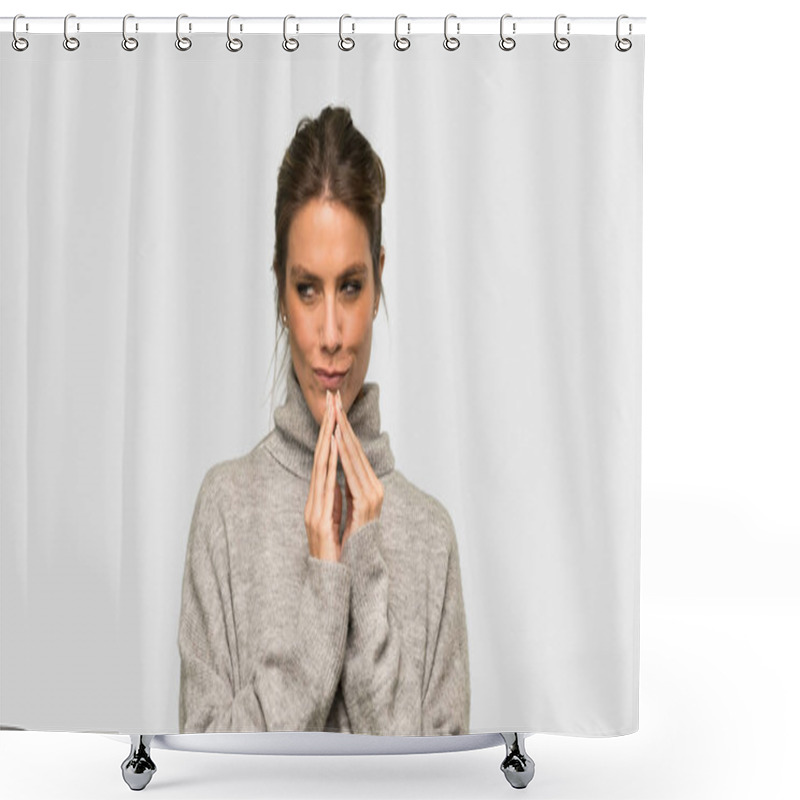 Personality  Blonde Woman With Turtleneck Scheming Something Over Isolated Grey Background Shower Curtains