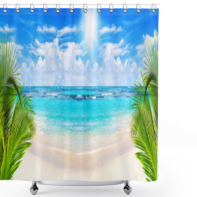 Personality  Beautiful Tropical Sand Beach Panorama View Turquoise Sea Water Ocean Wave Green Palm Tree Leaves Sun Blue Sky White Cloud, Summer Holidays Exotic Island Vacation, Caribbean Travel, Maldives Landscape Shower Curtains