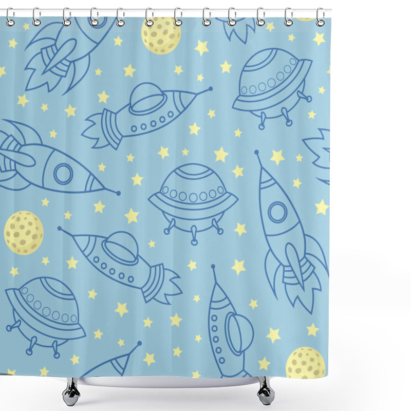 Personality  Vector Seamless Pattern With Space Rockets, Stars, Planets, Spaceships Shower Curtains