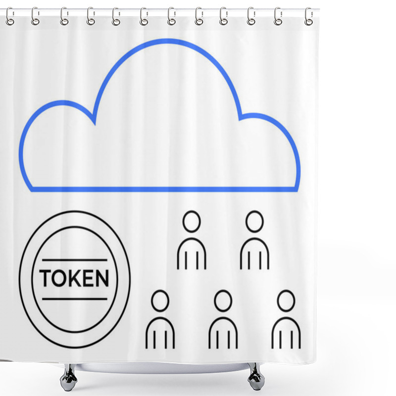 Personality  Large Cloud Five User Icons, Circular Token Labeled TOKEN. Ideal For Cloud Computing, Digital Security, Networking, User Management, Digital Assets, Tokenization, Data Sharing. Line Metaphor Shower Curtains