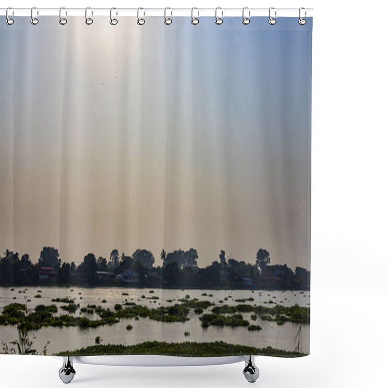 Personality  Beautiful Landscape Overlooking Tree With River On Backdrop Clear Sky And Forest. Shower Curtains