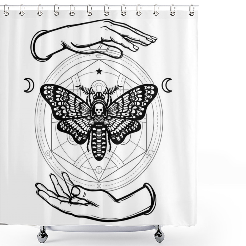 Personality  Human Hands Hold A Moth The Dead Head. Alchemical Circle. Symbols Of The Moon. Mysticism, Esoteric, Sorcery. Coloring Book. Vector Illustration Isolated On A White Background. Shower Curtains