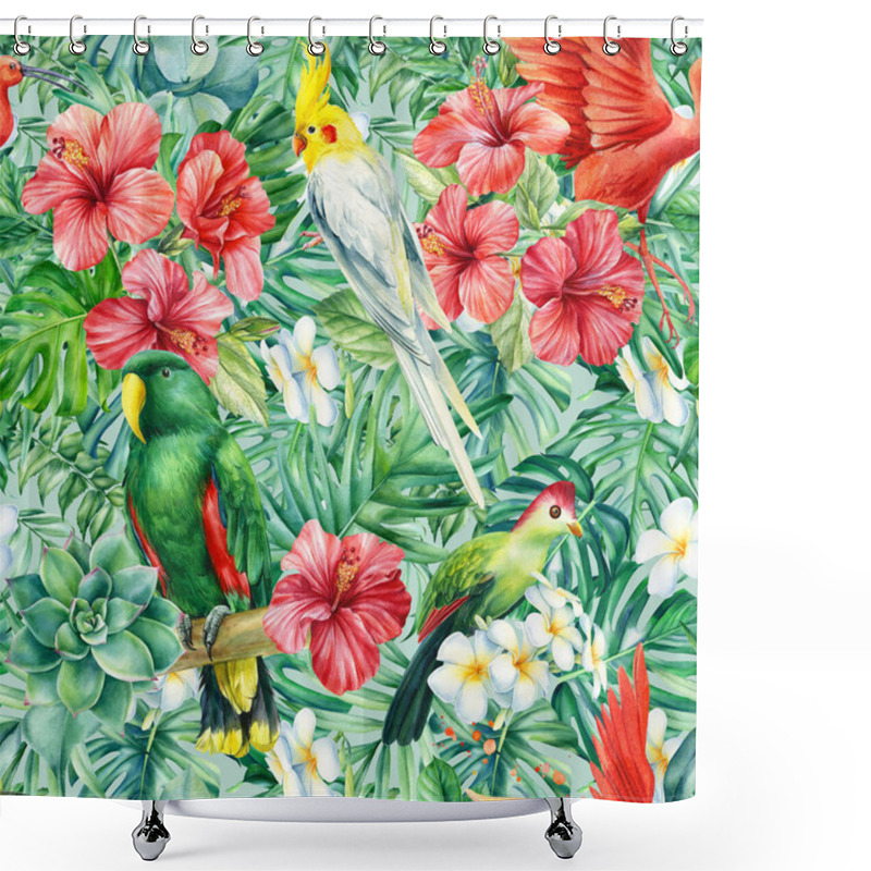 Personality  Tropical Background, Seamless Patterns Of Palm Leaves And Flowers, Painted In Watercolor Shower Curtains