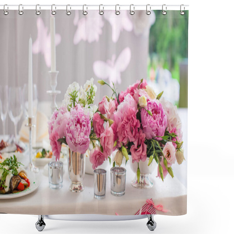 Personality  Beautiful Bright Bouquet Of Peony On The Wedding Table In Vase Shower Curtains