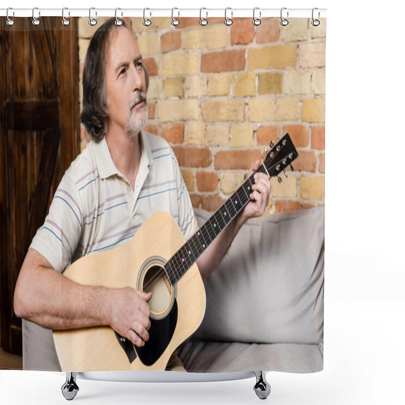 Personality  Bearded And Mature Man Playing Acoustic Guitar  Shower Curtains