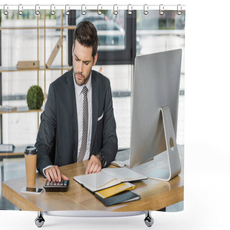 Personality  Serious Handsome Businessman Using Calculator At Table In Office Shower Curtains