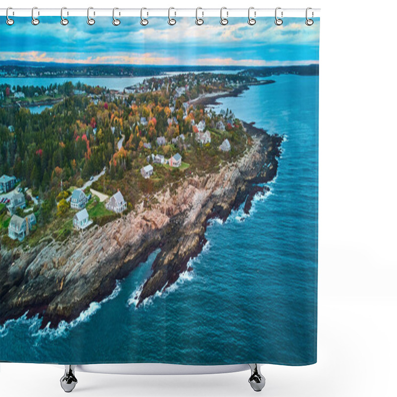 Personality  Image Of Rocky Cliffs And Houses On Islands Of Maine Coast During Dusk Shower Curtains