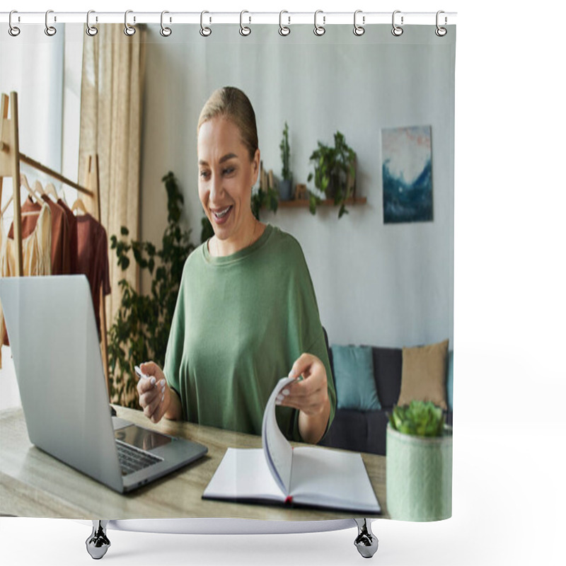 Personality  A Cheerful Young Plus Size Woman Engages With Her Laptop, Showcasing A Vibrant Home Workspace. Shower Curtains