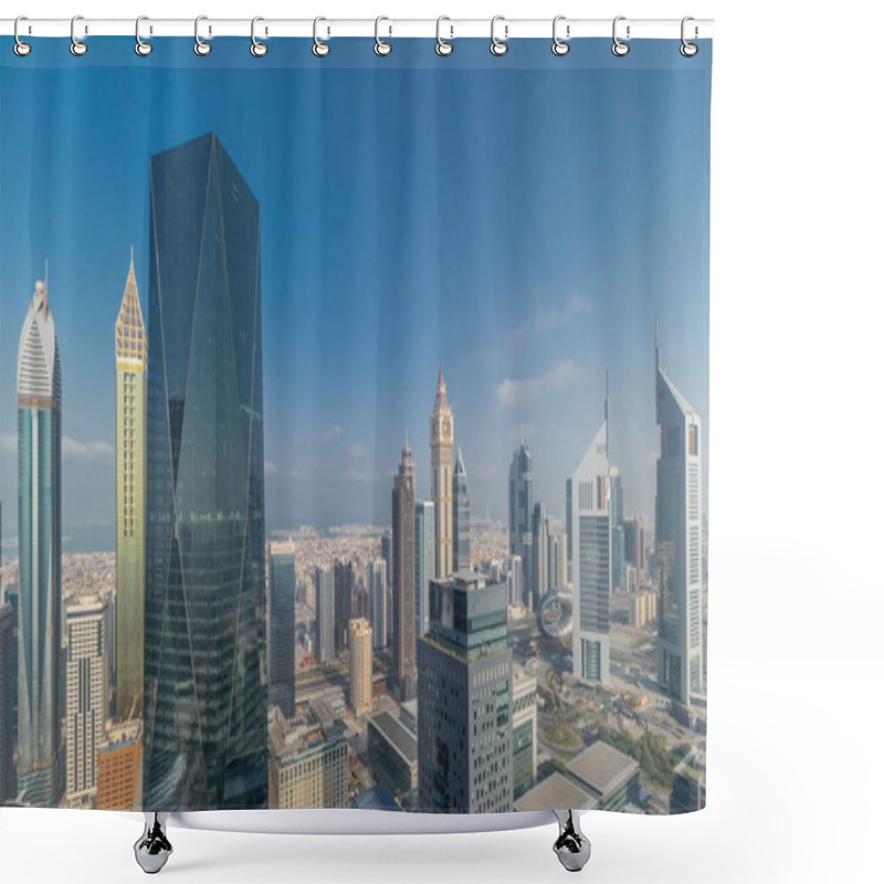 Personality  Panorama Of Futuristic Skyscrapers In Financial District Business Center In Dubai On Sheikh Zayed Road Timelapse. Aerial View From Above With Office Towers Shower Curtains