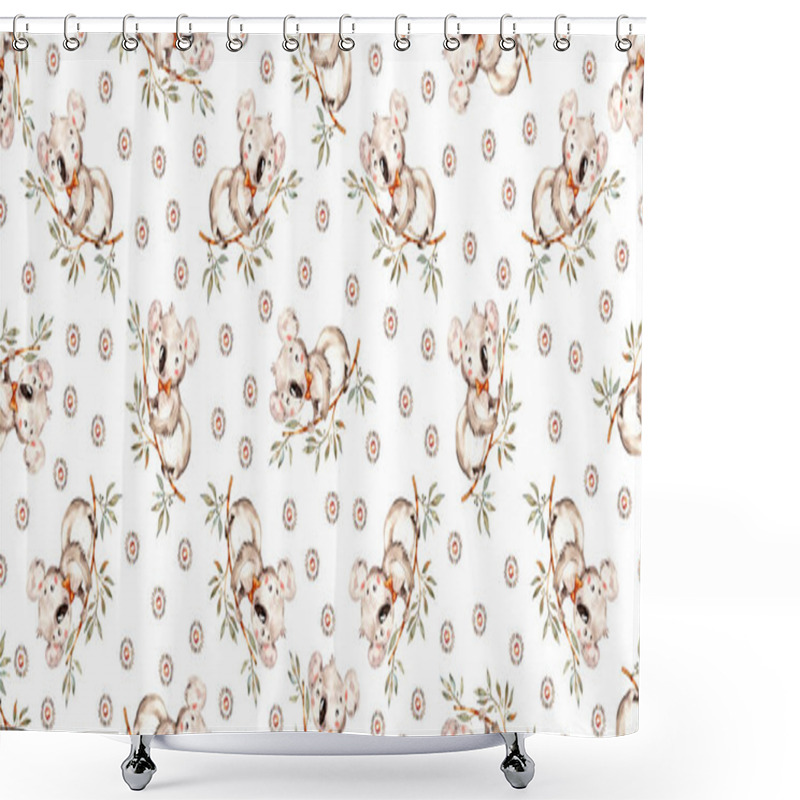 Personality  Watercolor Cute Nursery Hand Painted Seamless Pattern. Coala Forest Woodland Animal. Childish Handpainted Print On White Background Shower Curtains