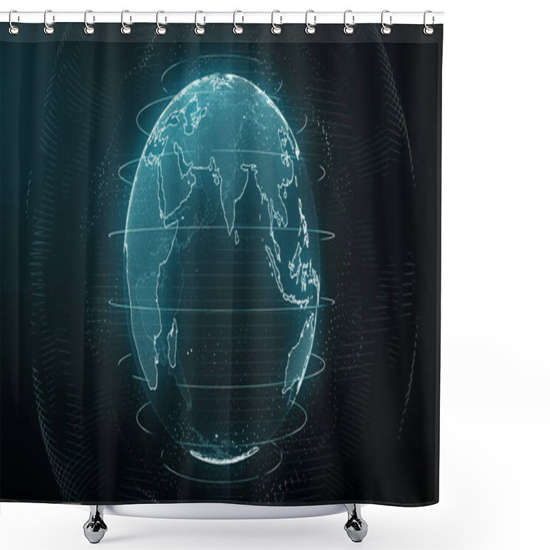 Personality  Futuristic Cyan Digital Earth Asia Skyline. Global Data Network Around Planet In Modern Age. Worldwide Internet And Blockchain. Technology, Connectivity, Science And Business Concept 3D Render Shower Curtains