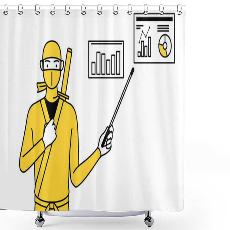 Personality  A Man Dressed Up As A Ninja Analyzing A Performance Graph. Shower Curtains