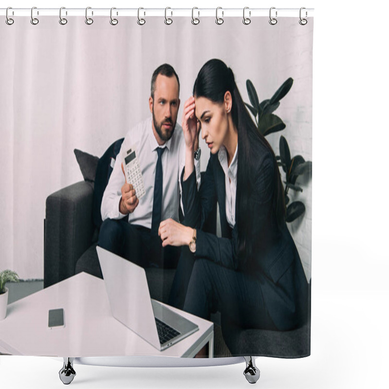 Personality  Stressed Business Colleagues Working Together At Coffee Table In Office Shower Curtains