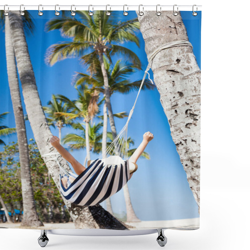 Personality  Woman Stretching In Hammock At Beach Shower Curtains