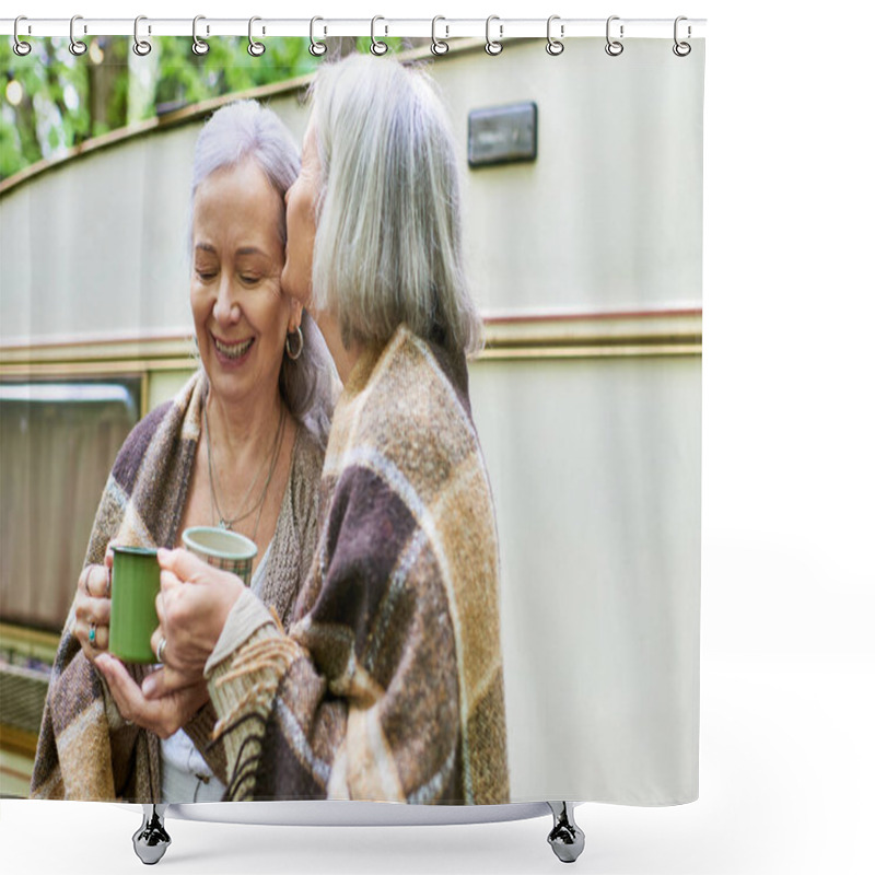 Personality  Two Women, Wrapped In Blankets, Share A Warm Moment By Their Camper Van In The Forest, Enjoying Their Camping Trip. Shower Curtains