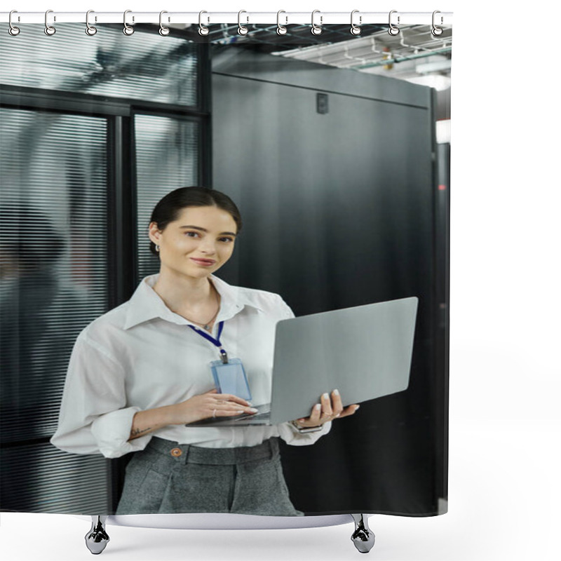 Personality  A Woman In A White Shirt Concentrates On Her Laptop In A High-tech Server Room. Shower Curtains