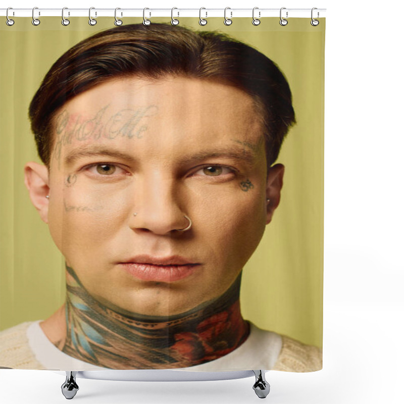 Personality  The Young Man Showcases Intricate Tattoos On His Face And Neck While Posing Confidently. Shower Curtains